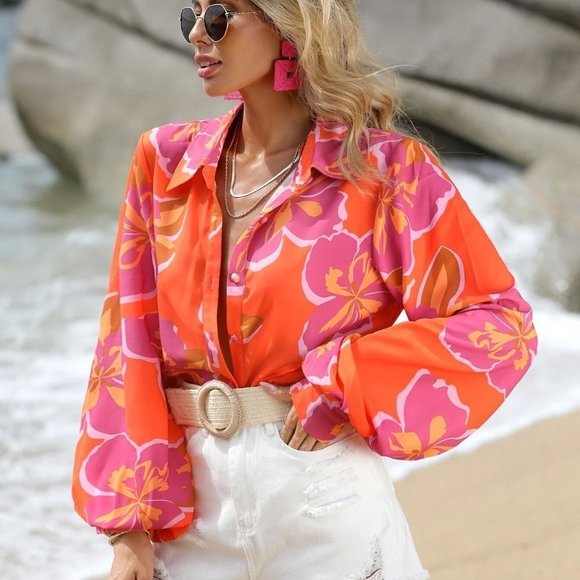 Orange Boho Womens Floral Print Lantern Sleeve Shirt - Picture 5 of 5